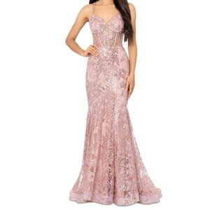 Blondie Nites NWT Pink Sequin Bustier Corset Mermaid Maxi Gown Dress Size 1